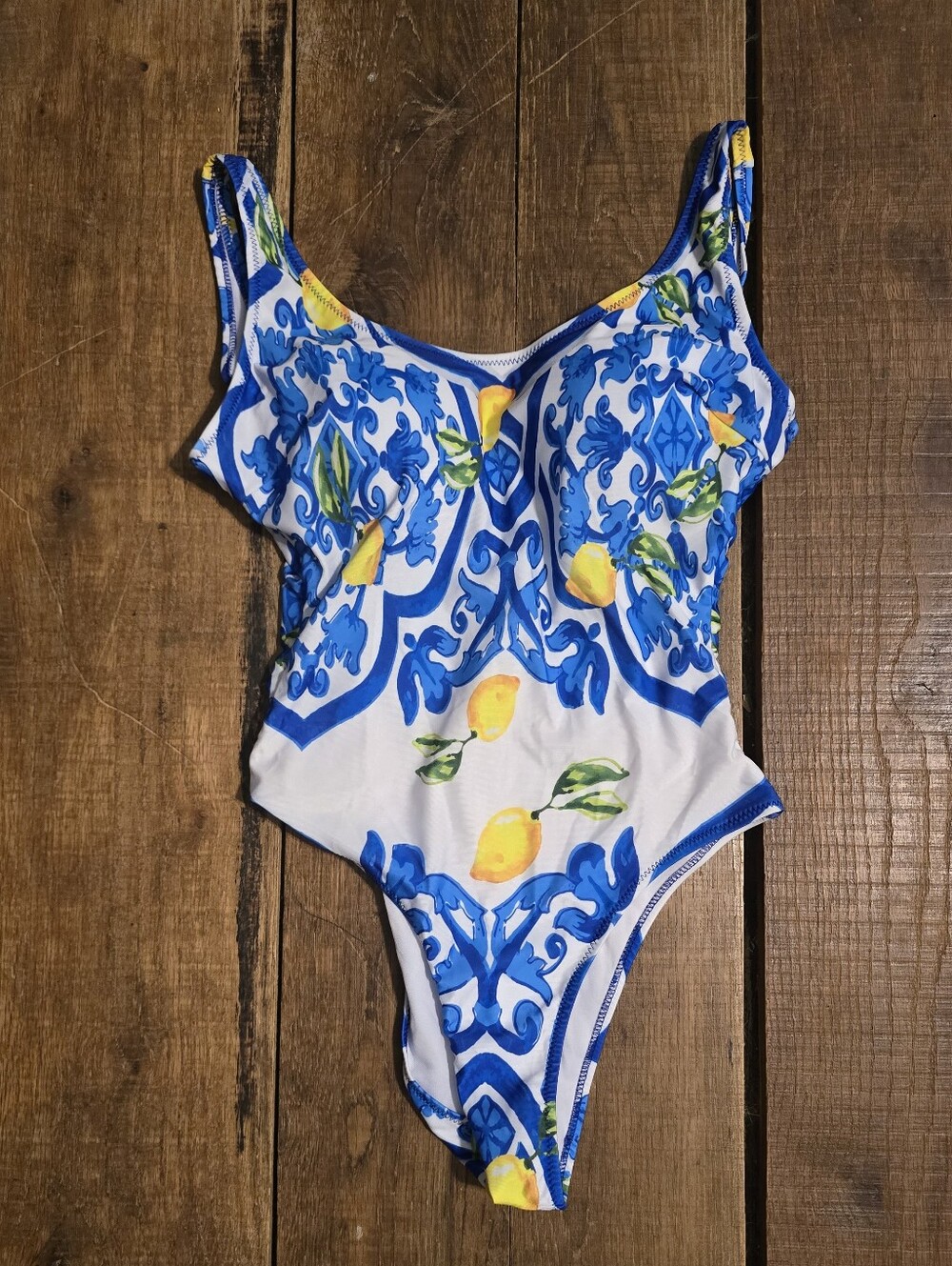 Antica Sartoria Blue and White Floral Lemon Swimsuit Bathing Suit M